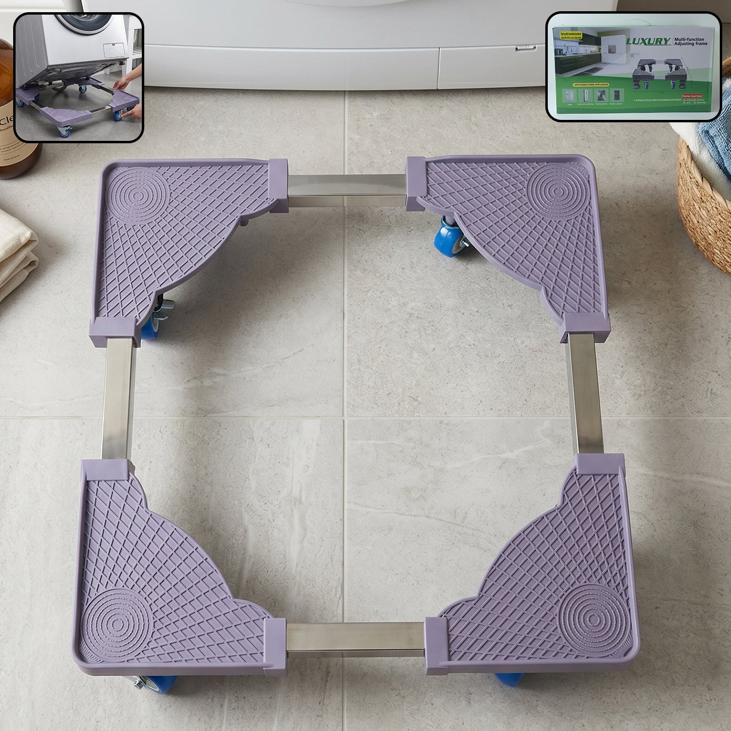 Wukusy adjustable fridge and washing machine stand with wheels, movable base, sturdy support for appliances, in a neutral setting.