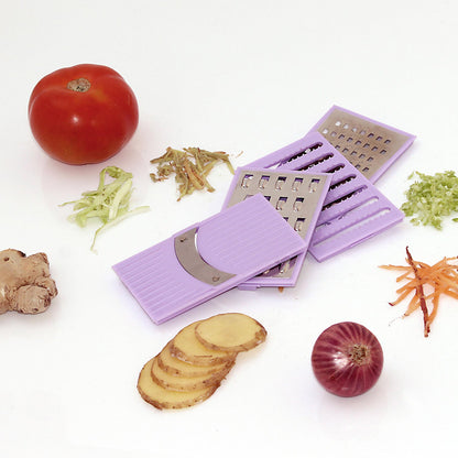Wukusy 4-in-1 plastic vegetable and fruit grater and slicer with multiple blades for kitchen food prep.