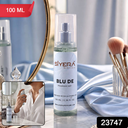 Wukusy Blu De fragrance mist body spray with aloe vera gel, 100ml, featuring a sleek bottle and refreshing blue design.