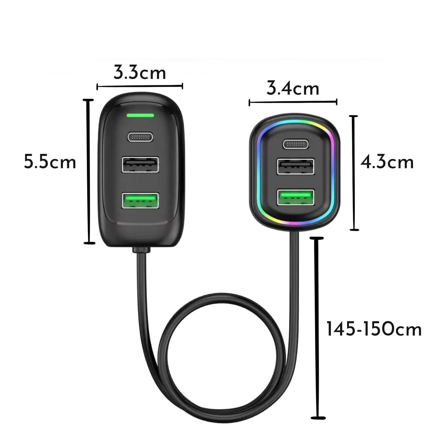 Wukusy RGB breathing light multi-port car USB charger with 1.5m cable, featuring colorful LED lighting and multiple charging ports.