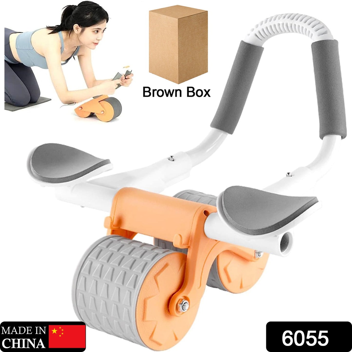 Wukusy 6055 automatic rebound ab roller wheel with double wheels, knee mat holder, timer, and elbow support for core fitness training.