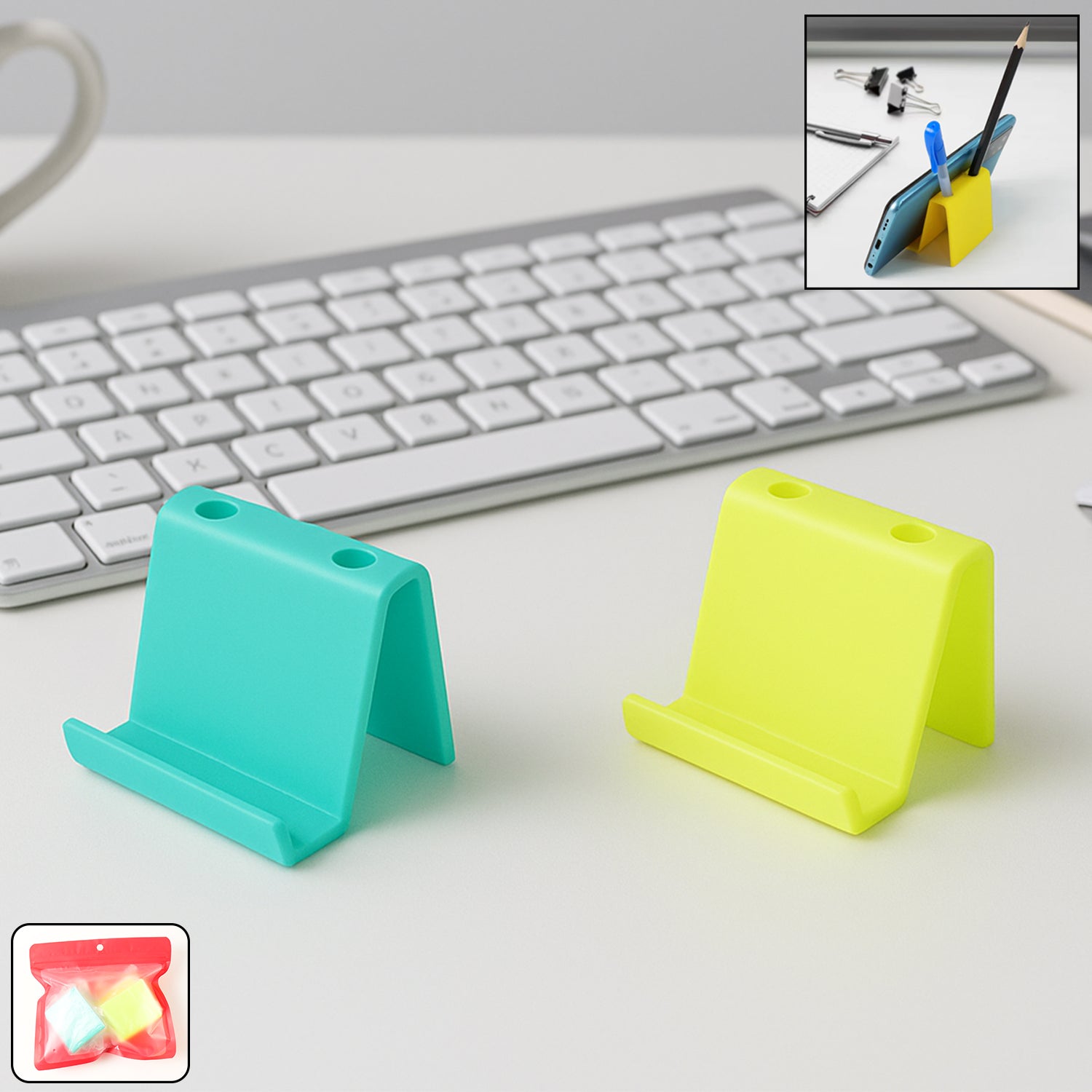 Two Wukusy multifunctional plastic mobile phone stands and pen holders in mixed colors, designed for convenient desk organization.