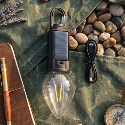 Wukusy solar rechargeable camping lamp with warm LED light, carabiner clip for outdoor camping or hiking illumination