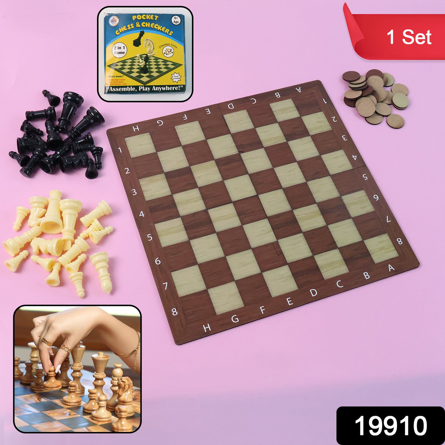 Wukusy 2-in-1 travel game set with chess and checkers, compact toy for kids and travel entertainment, shown with game pieces and board.