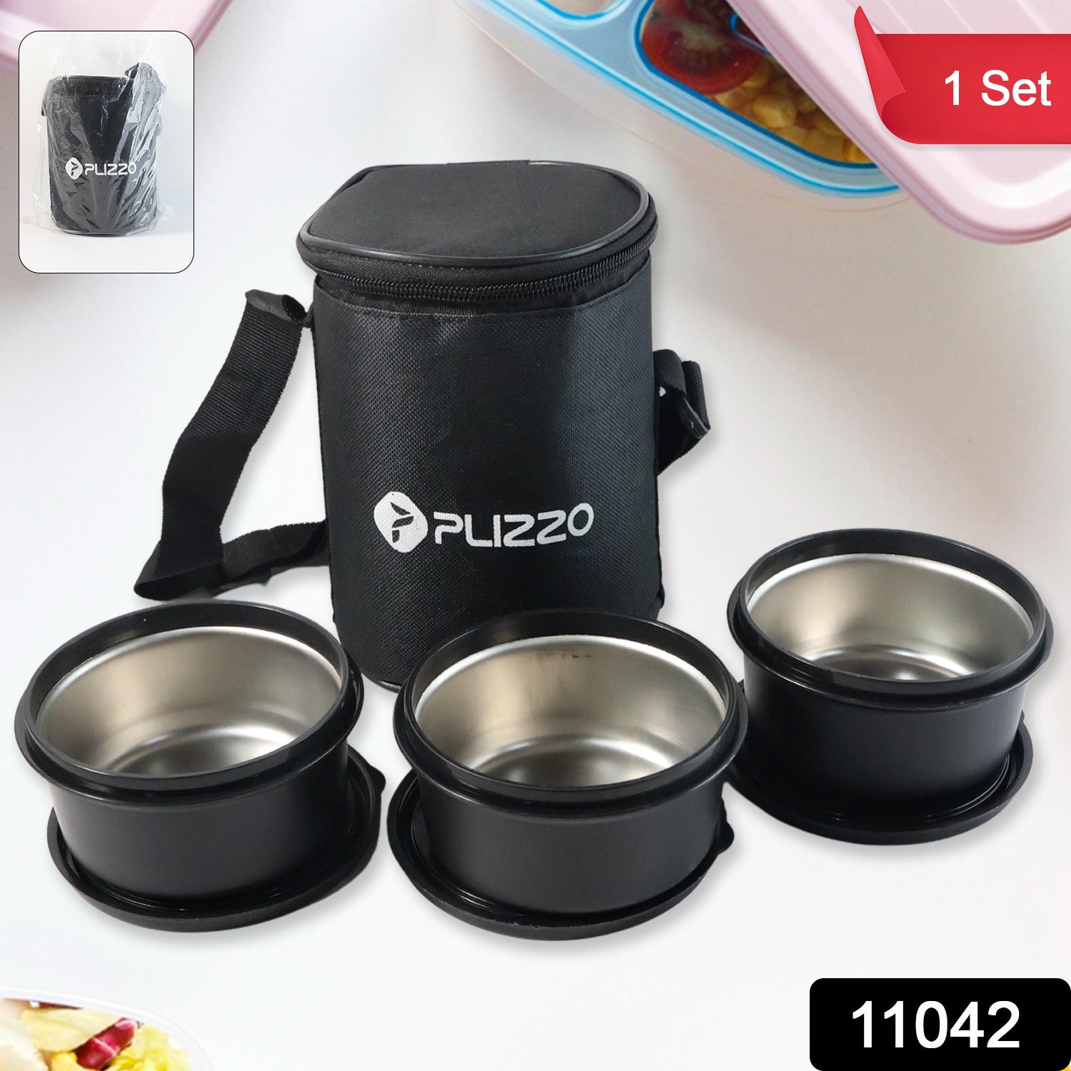 Wukusy insulated stainless steel tiffin lunch box set with carry bag, featuring multiple compartments for hot or cold meals.