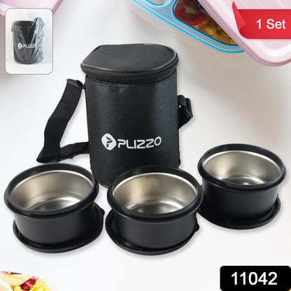 Wukusy insulated stainless steel tiffin lunch box set with carry bag, featuring multiple compartments for hot or cold meals.
