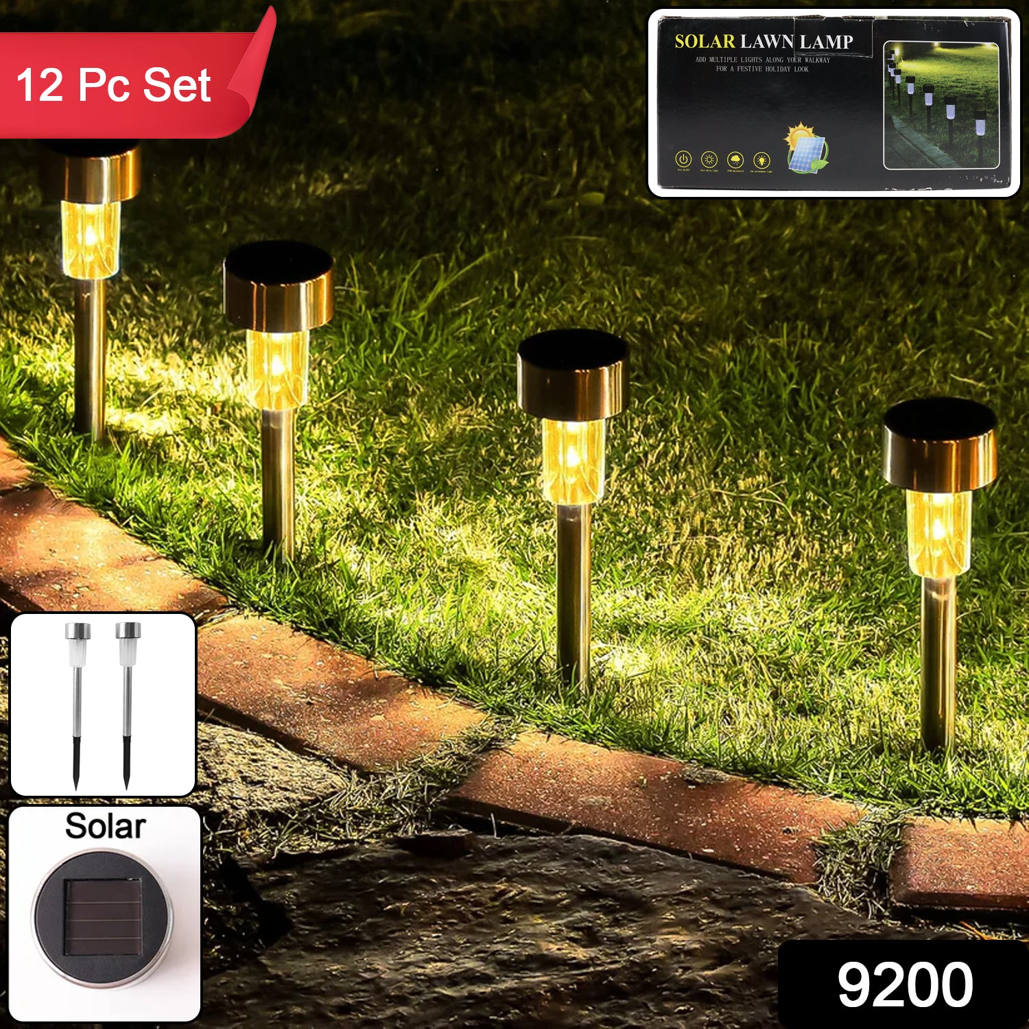 Set of 12 Wukusy solar garden lawn lamps with black stakes and clear glass covers for outdoor landscape lighting.