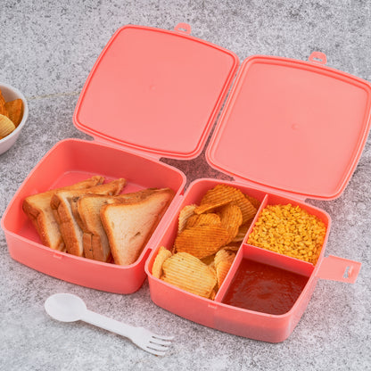 Wukusy double-layer square lunch box with four compartments, spoon, push lock, plastic design for travel, school, and home use.