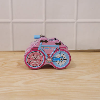 Wukusy bicycle-shaped piggy bank with lock and key, made of ceramic, featuring colorful bike design and coin slot on top.