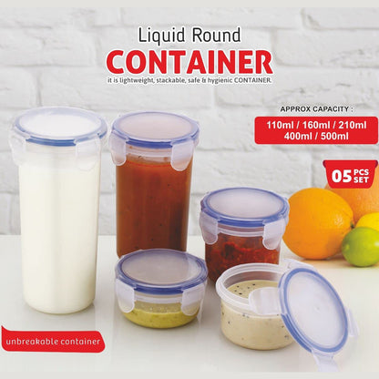 Set of five transparent Wukusy plastic liquid food storage containers with leak-proof lids in various sizes, ideal for kitchen organization.