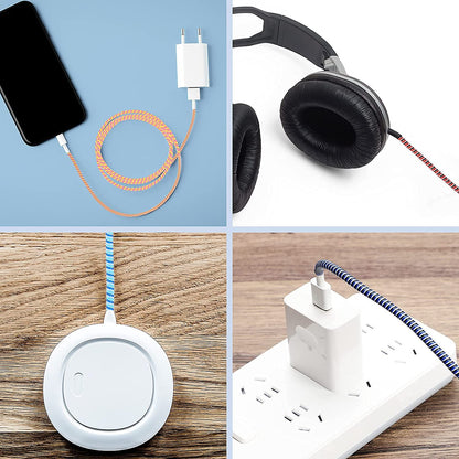 Flexible spiral cable protector sleeve by Wukusy for mobile accessories, shown coiled around a charging cable.