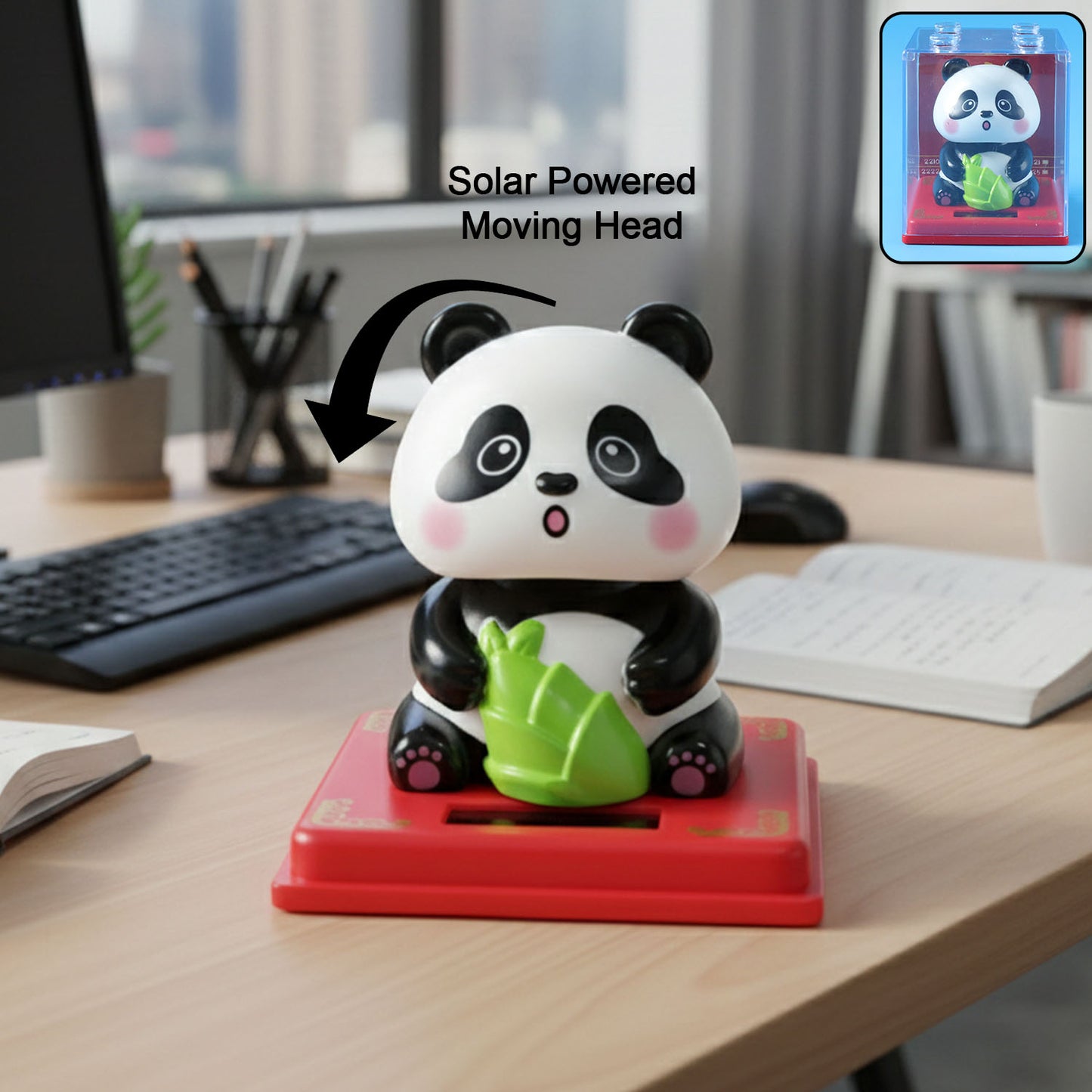 Wukusy solar-powered moving head panda showpiece with colorful lights, decorative animal figure, ideal for home or event decor