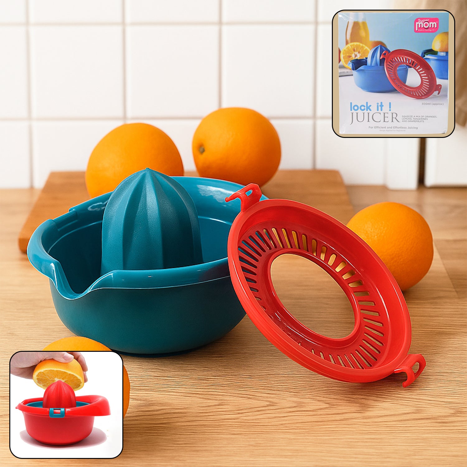 Wukusy Supermom manual citrus juicer in white with hand press for fresh juice extraction, kitchen countertop setting