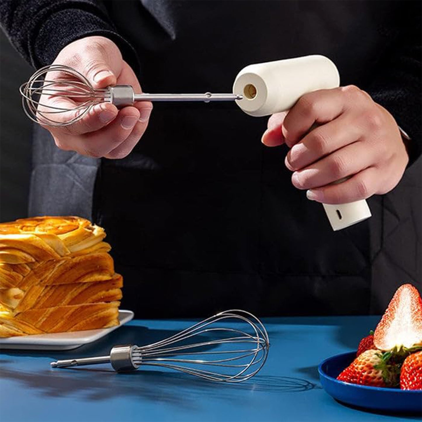 Wukusy cordless electric whisk and egg beater with stainless steel beaters and ergonomic handle, ideal for baking and cooking.