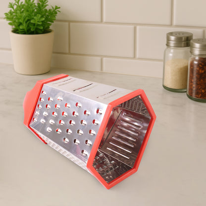 Wukusy 7-in-1 heavy-duty stainless steel box grater with ergonomic handle, showing multiple grating surfaces and sturdy construction.