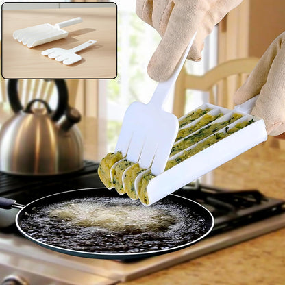 Wukusy manual food slicing and frying press tool set with stainless steel blades and handles for cutting and pressing food items.