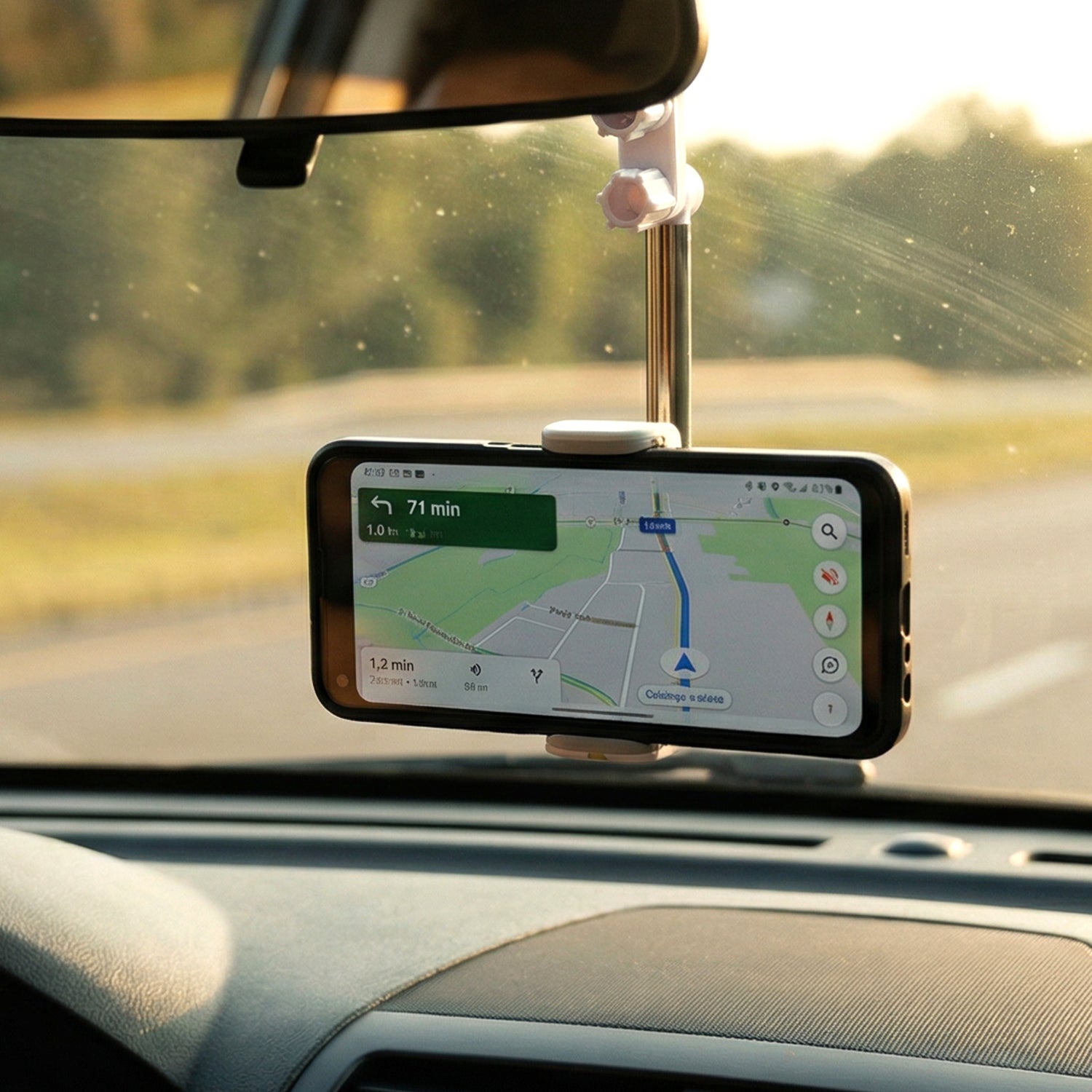Wukusy adjustable rearview mirror car mobile phone holder attached to a car mirror, holding a smartphone securely.