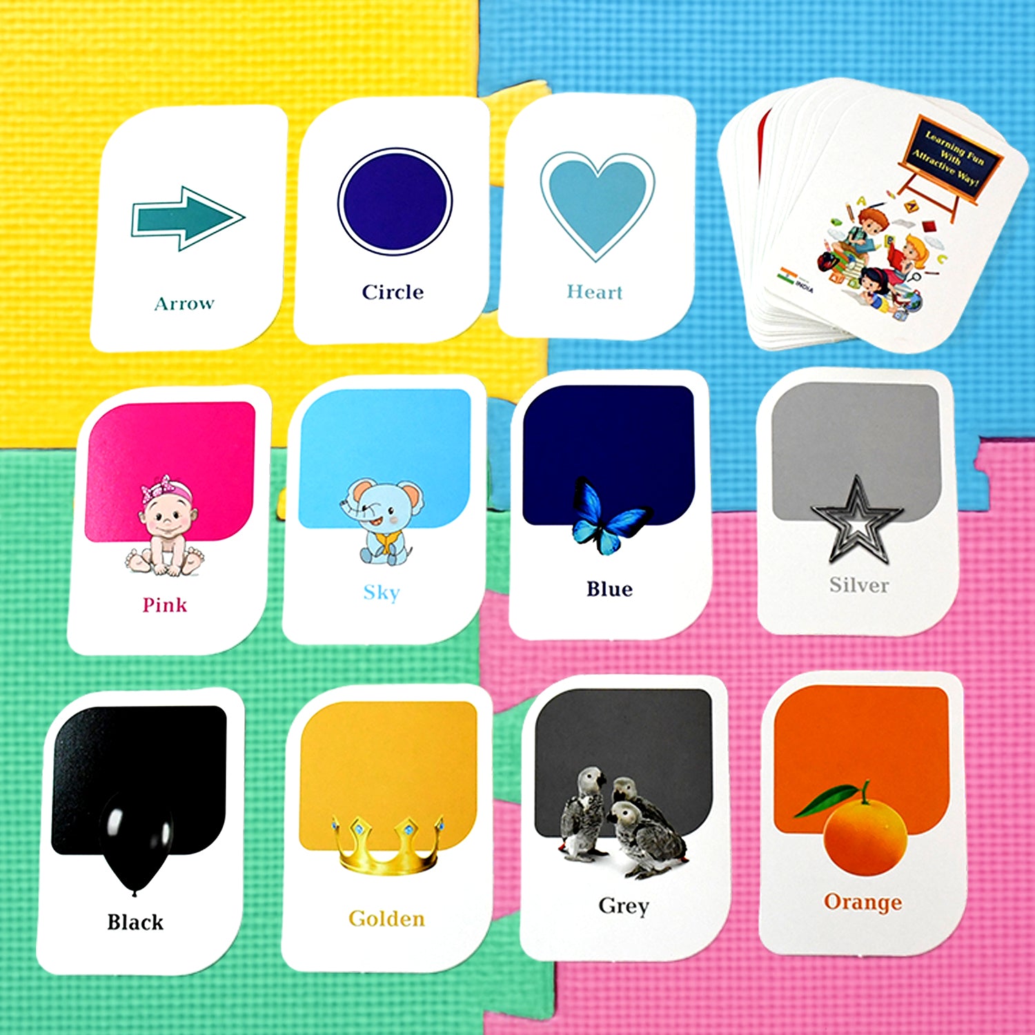 Wukusy Kidkraft Early Learner 32-piece color and shape flashcard set for kids, featuring vibrant educational toy cards.