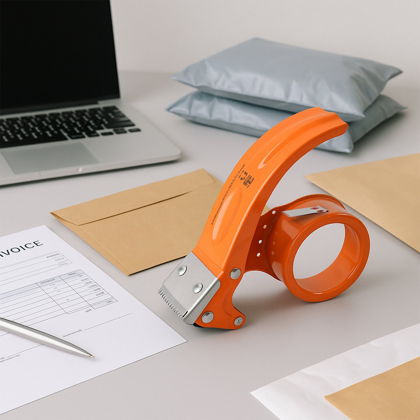 Wukusy heavy-duty packing tape dispenser holding a 50mm wide packing tape roll, designed for secure and easy packaging.