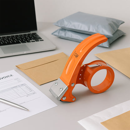 Wukusy heavy-duty packing tape dispenser holding a 50mm wide packing tape roll, designed for secure and easy packaging.