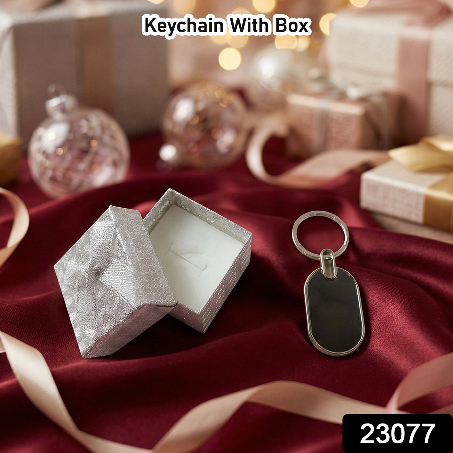 Wukusy premium metal keychain with a sleek design, displayed alongside an elegant gift box for presentation.