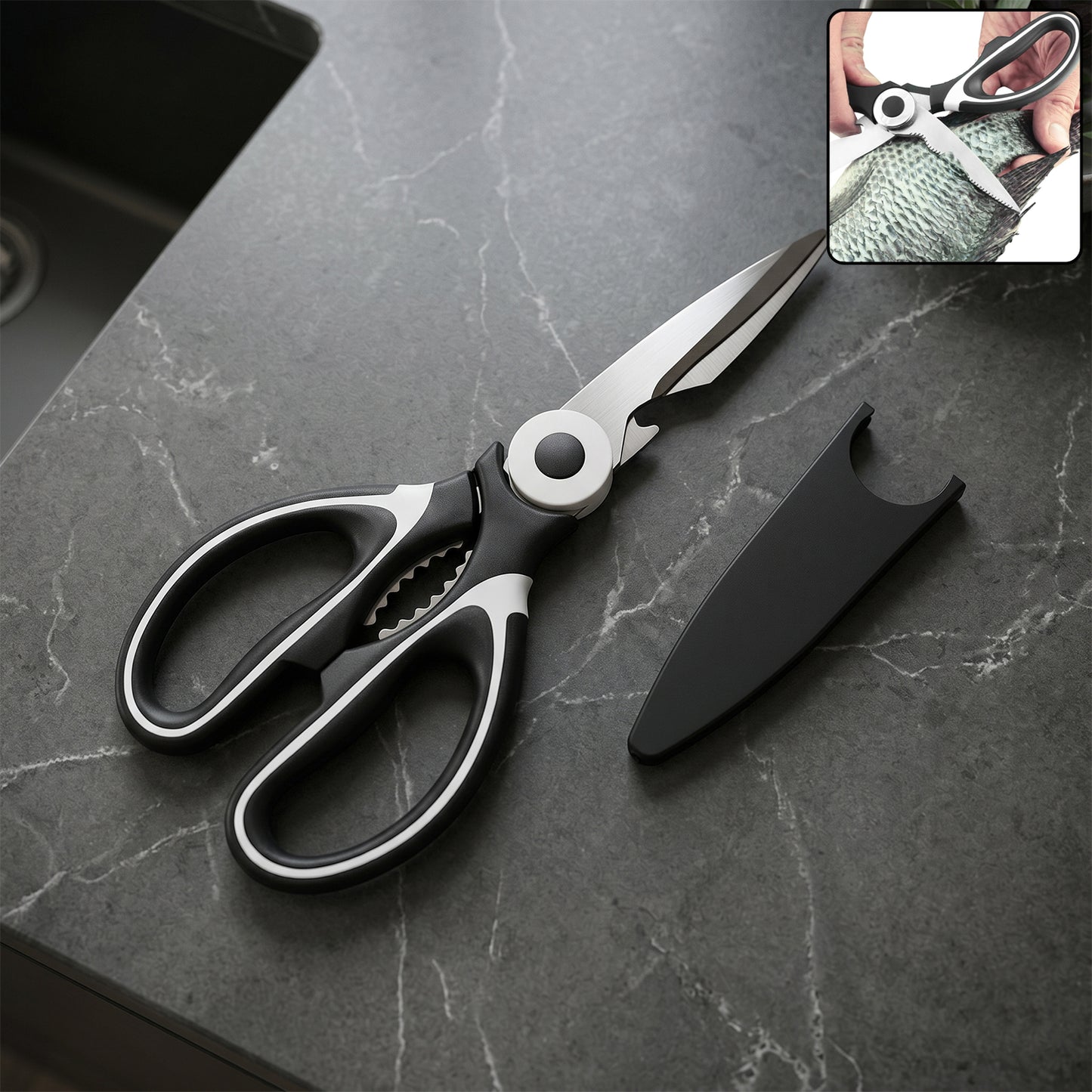 Wukusy 3-in-1 multipurpose kitchen scissors with steel blades, featuring cutting, opening, and bottle opener functions.