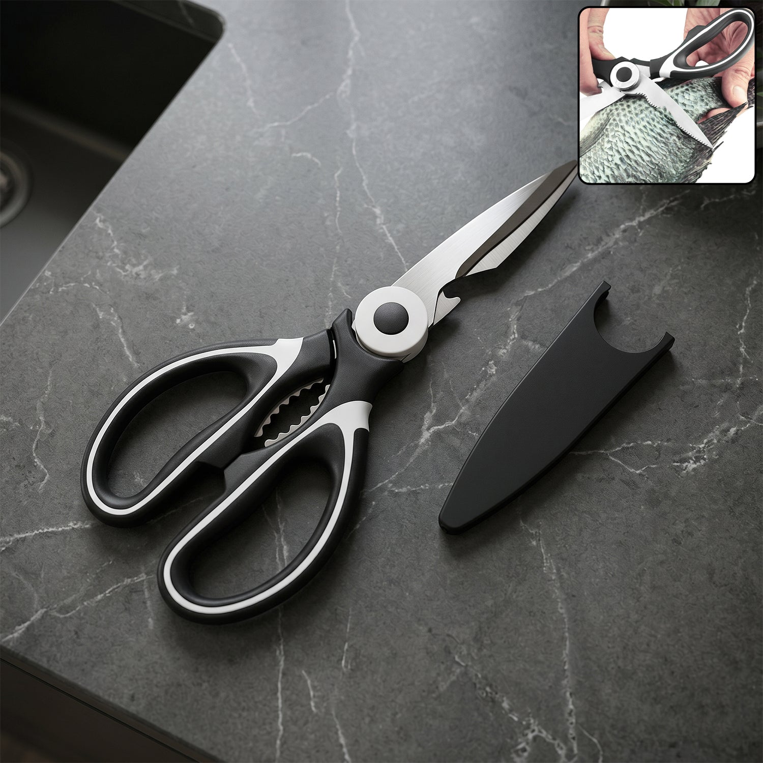 Wukusy 3-in-1 multipurpose kitchen scissors with steel blades, featuring cutting, opening, and bottle opener functions.