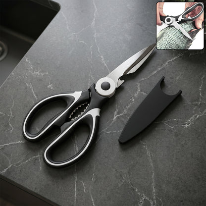 Wukusy 3-in-1 multipurpose kitchen scissors with steel blades, featuring cutting, opening, and bottle opener functions.
