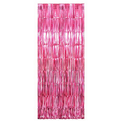 Colorful foil fringe curtain from Wukusy, ideal for birthday party decorations, featuring shiny metallic strips hanging in vibrant layers.