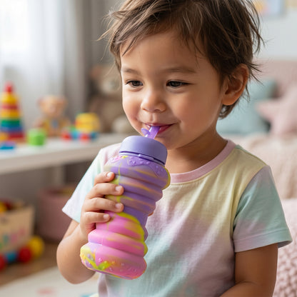 Wukusy silicone collapsible sports water bottle, 600ml capacity, foldable design, shown in a compact, partly expanded state.