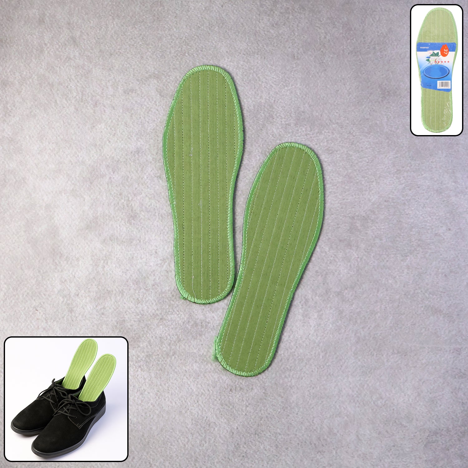 Wukusy premium comfort shoe insoles for size 37, daily foot support, showing a pair with mixed design patterns.