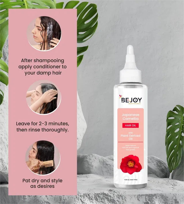 Bejoy Japanese Camellia Hair Oil 150 ml bottle, showcasing the product label and packaging for healthy hair treatment.