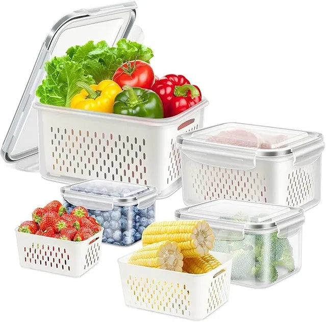 Set of four refrigerator storage containers with airtight lids, designed for organizing fruits and vegetables in kitchen fridge.