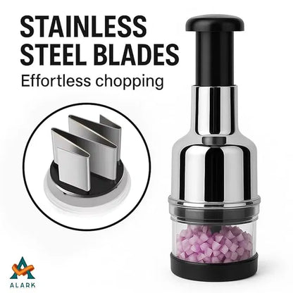 Manual vegetable chopper and slicer from 18281, compact mini hand tool with stainless steel blades for quick chopping and slicing.