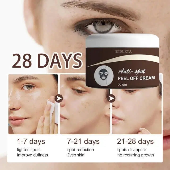 Anti-Spot Peel Off Cream by 1238, 50g, in a tube, showing the cream texture and applicator for skin blemish removal.