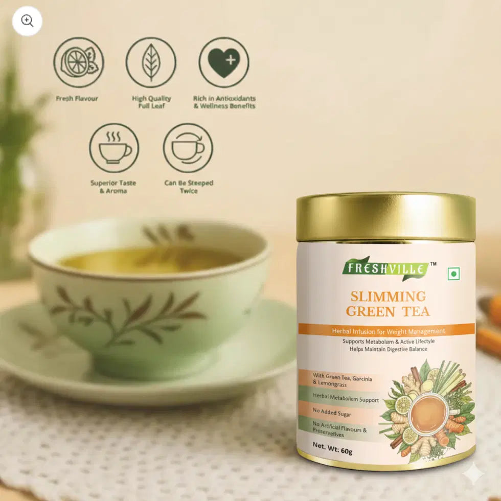 Green tea in a ceramic tea pot from Freshville Slimming Green Tea, ideal for brewing and serving health-focused green tea.