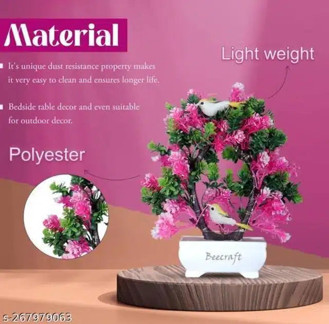 Artificial Bonsai plant with pink and green leaves in a pot, illuminated by a built-in light, 23 cm tall.