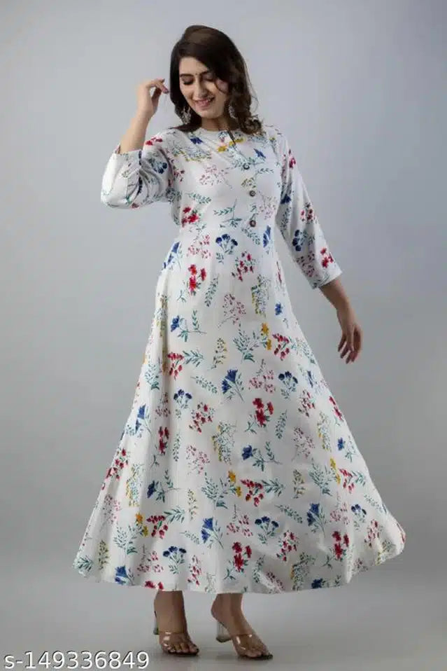 White and blue printed Anarkali Rayon Kurti for women, medium size, featuring traditional design and comfortable fit.