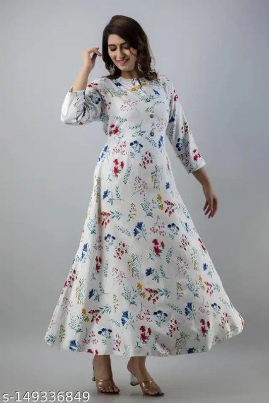 White and blue printed Anarkali Rayon Kurti for women, medium size, featuring traditional design and comfortable fit.