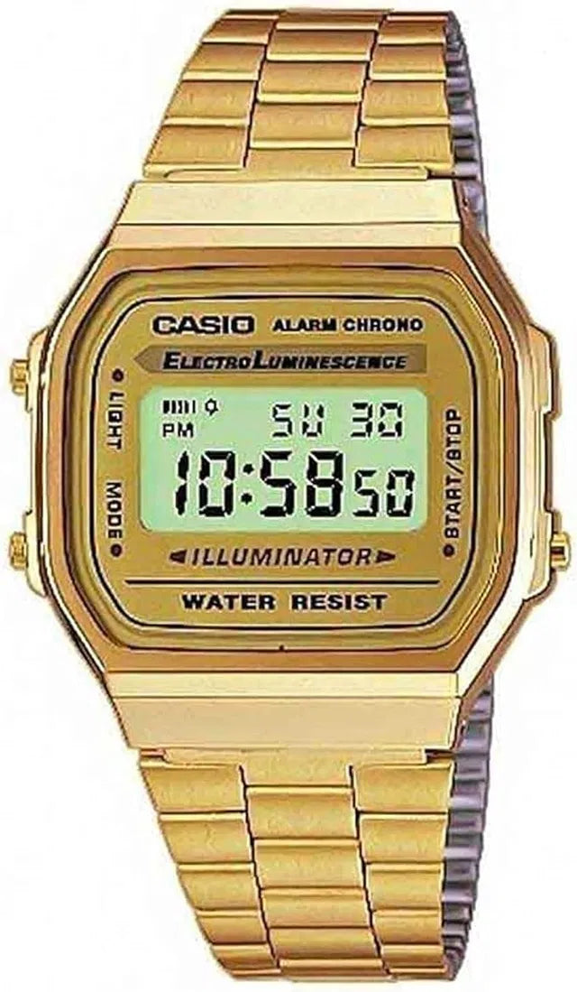 Casio unisex men's digital watch with black strap and digital display, featuring stopwatch and date functions.