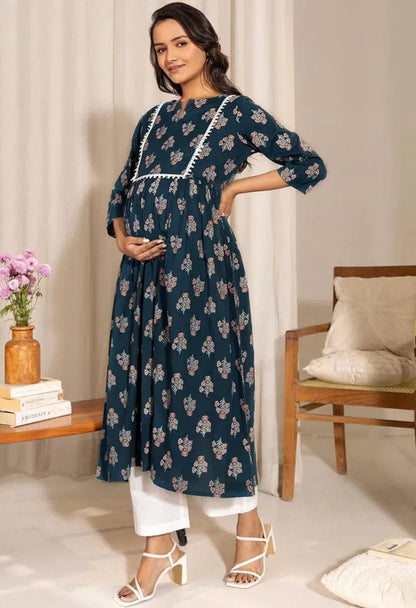 Floral printed notch neck A-line maternity kurta for women, featuring elegant design and comfortable fit.