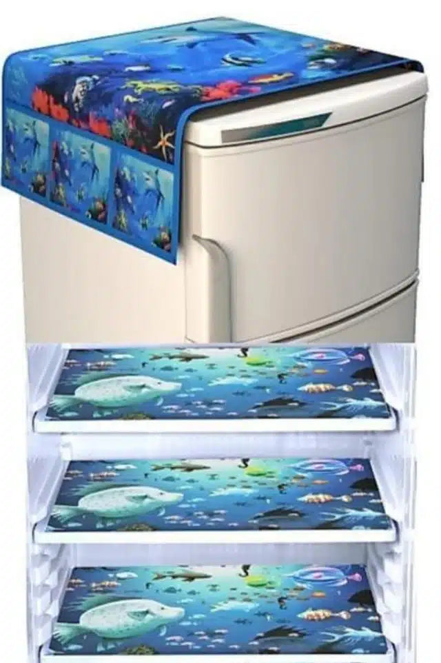 Blue Knit Printed Fridge Cover Set with Top Cover, 3-piece kitchen protector from 6201, featuring decorative patterns and durable fabric.
