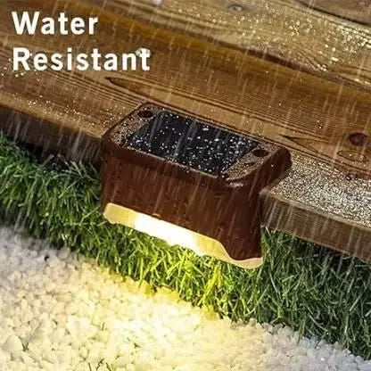 Outdoor solar deck lights by 1238, night lights illuminating a wooden deck with warm, energy-efficient solar-powered lighting.