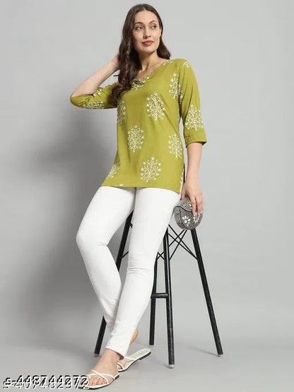 Printed green rayon short kurti for girls and women, casual women's kurti with floral design, stylish and comfortable.