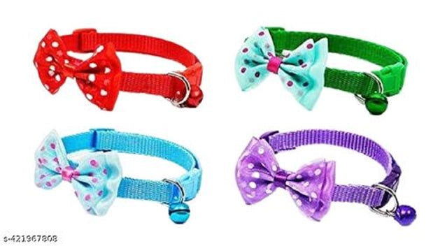 Two multicolor adjustable cat collars with bells, made for pets, featuring secure buckles and vibrant patterns in a pack of two.