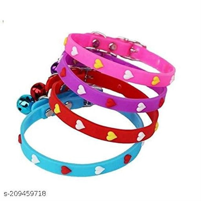 Set of four multicolor ABS plastic pet collar belts with adjustable buckles, designed for pet comfort and safety.