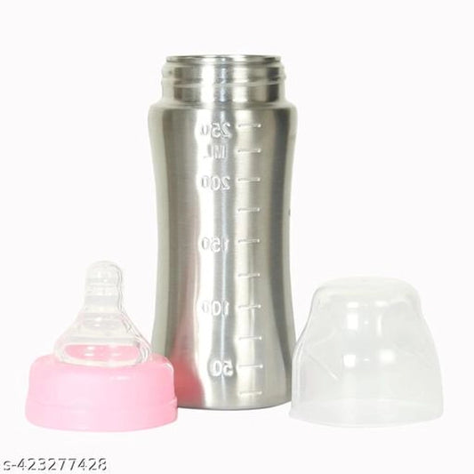 Silver and pink stainless steel baby milk bottle with 250ml capacity, designed for easy feeding and durability.
