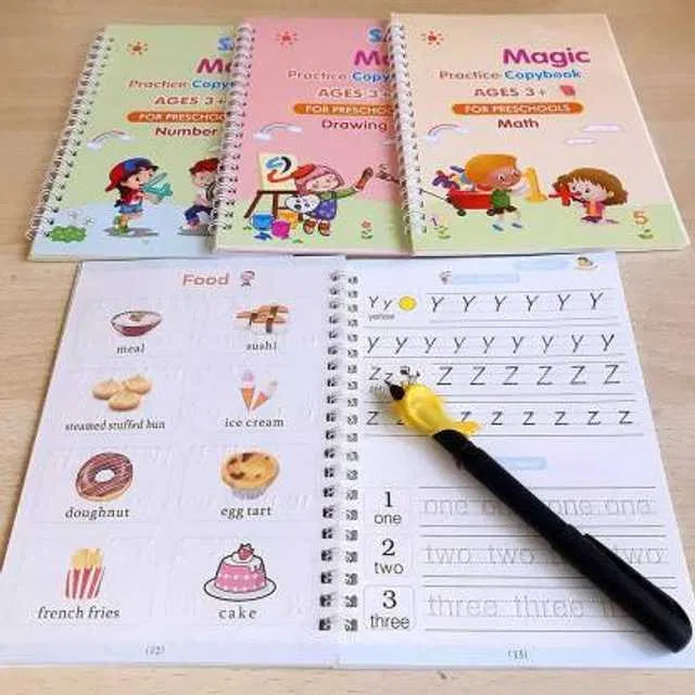 Magic practice copybook set with four books and ten refills from 22123, featuring colorful pages for magic skill practice.