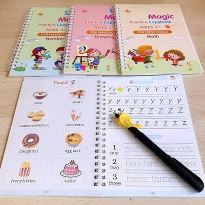 Magic practice copybook set with four books and ten refills from 4485 Magic Kits, featuring colorful pages and magic-themed designs.