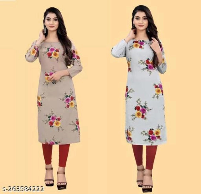 Pair of 1457 women's crepe printed kurtis in brown and sky blue, size S, with traditional design and vibrant patterns.